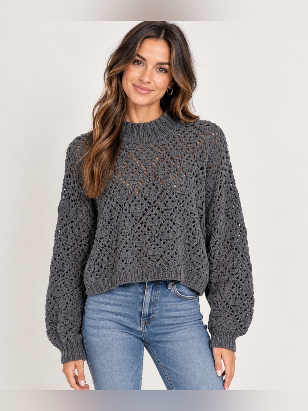 POL Crochet Openwork Sweater in Gray